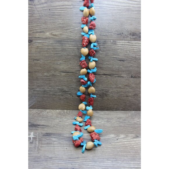 Chunky turquoise free form coral kukui nut vintage indigenous necklace - Picture 2 of 10